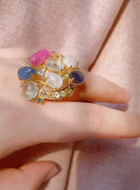 【BW宝石】彩宝锦囊活口戒，包含红宝石蓝宝石月光石等，带国际证