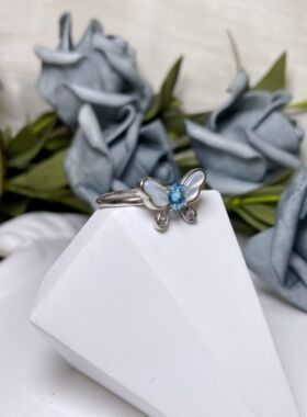 【BW宝石】蓝托帕石配贝母蝴蝶款戒指，带证书