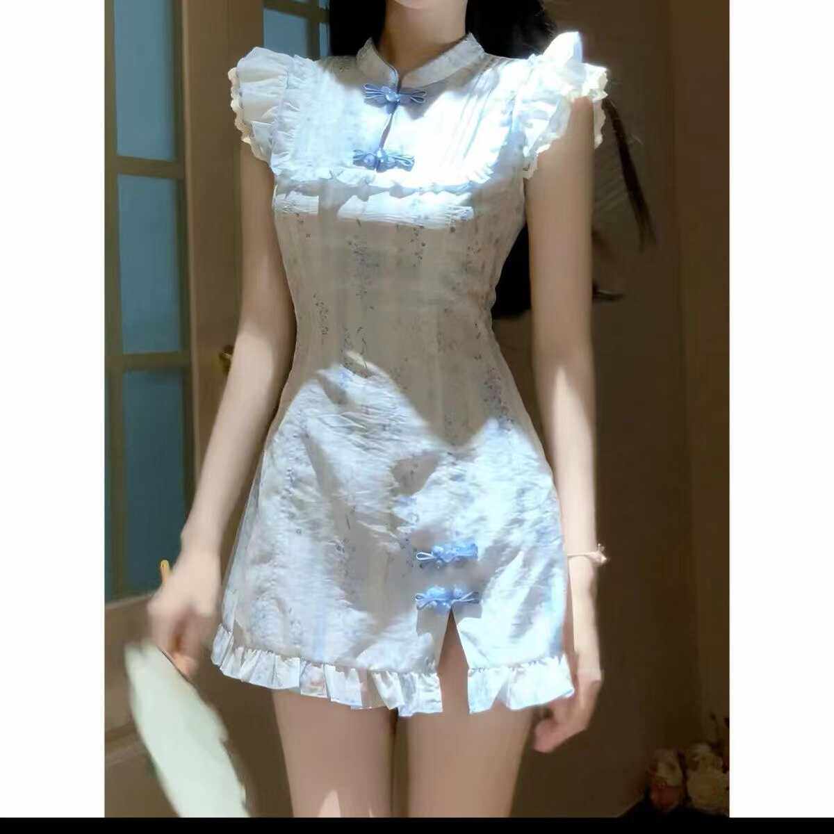 新中式国风改良旗袍短裙女夏季小个子气质高级感无袖碎花连衣裙