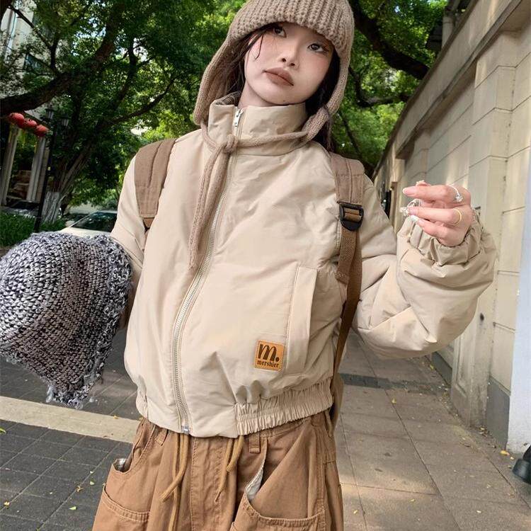美式小众复古街头立领短款棉服女2024秋冬新款宽松显瘦通勤面包服