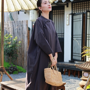 全棉 新民国风连衣裙 宽松慵懒风裙子长袖盘扣家居大码女装禅修服
