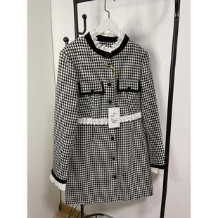 亏本清 不退换气质名媛风小香风蕾丝木耳边双排扣千鸟格连衣裙