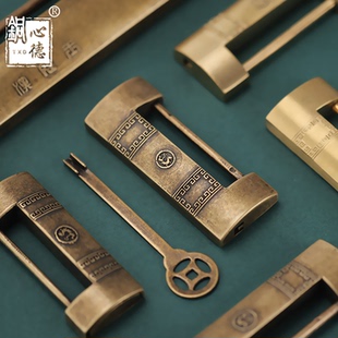 中式纯黄铜加厚老式门锁仿古铜锁横开挂锁木箱铜锁老式复古插销锁