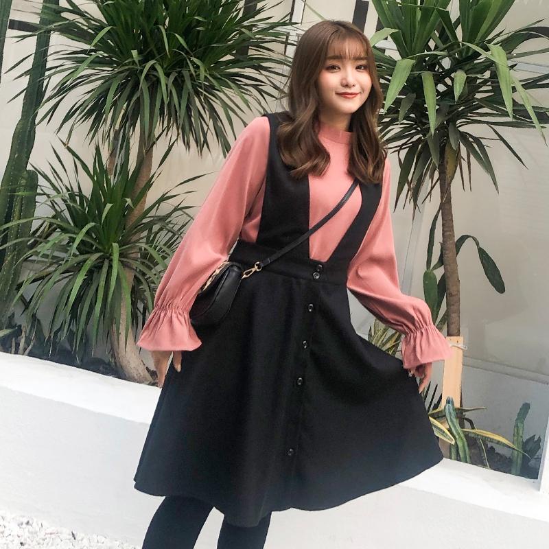 秋冬大码女装胖mm设计感立领喇叭袖上衣百褶背心裙两件套装67288
