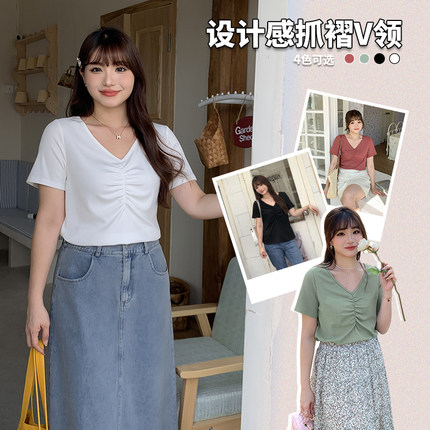 大码女装200斤胖mm显瘦百搭修身针织衫V领短袖减龄t恤上衣831412