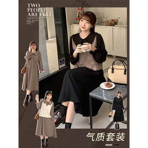 胖mm法式复古连衣裙马甲套装秋季新款韩版宽松休闲两件套女31890
