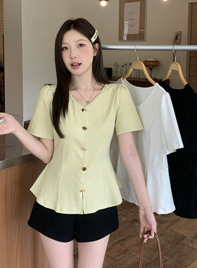 自信穿搭纯欲V领正肩t恤宽松收腰遮肉减龄淑女显瘦排扣上衣21003