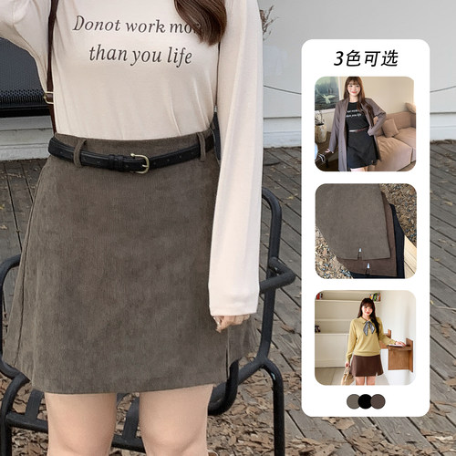 胖mm复古设计感开叉灯芯绒短裙