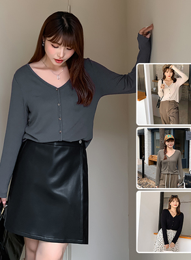 胖妹妹200斤宽松显瘦T恤上衣大码女装V领长袖减龄针织打底衫31260