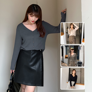 减龄针织打底衫 V领长袖 31260 女装 胖妹妹200斤宽松显瘦T恤上衣大码