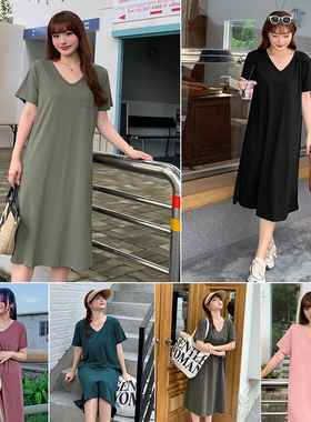 大码女装胖mm韩版宽松显瘦连衣裙春夏V领侧开叉短袖T恤裙31846