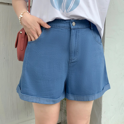 胖mm反折韩版高腰阔腿牛仔短裤
