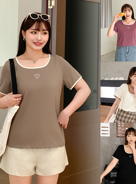 胖mm短袖宽松减龄上衣春夏200斤大码女装刺绣撞色显瘦T恤衫31370