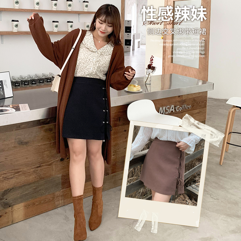 大码女装2023秋冬新款200斤胖mm显瘦百搭绑带高腰短裙90487