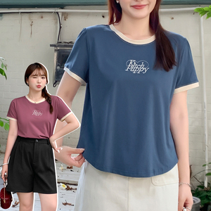 大码女装2023夏季新款200斤胖mm设计感撞色卷边刺绣短袖T恤31825