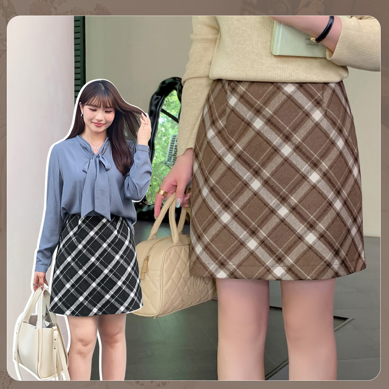 胖mm高腰显瘦包臀格子半裙