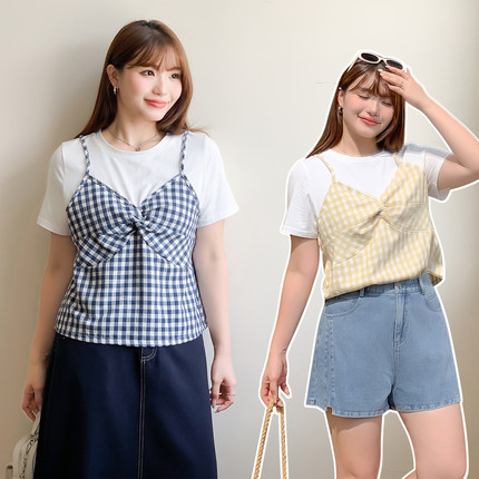 大码女装胖mm假两件格子拼接T恤遮肚子显瘦收腰短袖小衫上衣32261