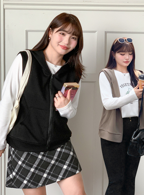 学院风连帽减龄马甲外套大码女装胖mm百搭休闲背心马夹上衣32272