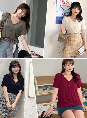 春夏大码女装甜美减龄t恤衫200斤胖mm宽松显瘦百搭针织上衣91046