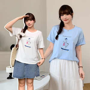 胖mm复古涂鸦滑板鸭印花短袖T恤女夏季新款大码宽松休闲上衣32061