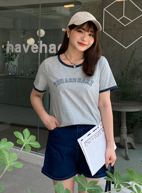 大码女装200斤胖mm春夏短袖T恤宽松显瘦百搭撞色圆领上衣女31483