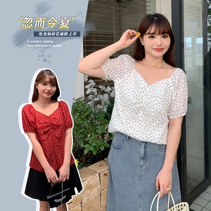 胖mm法式气质方领碎花衬衫女夏季新款度假风大码甜美雪纺衫32098