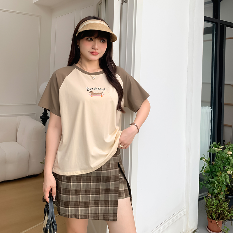 胖mm拼接撞色卡通刺绣圆领T恤