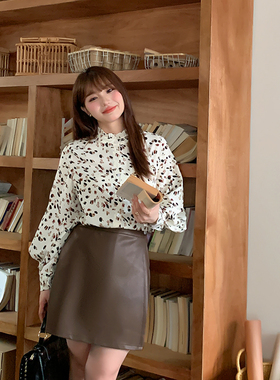 立领木耳边碎花长袖衬衫秋冬大码女装胖mm甜美宽松衬衣68015