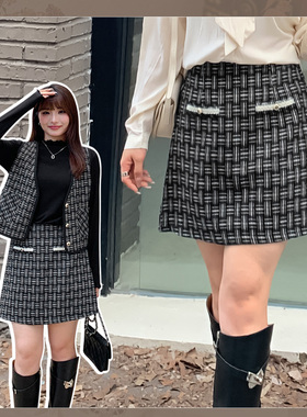 大码女装胖mm小香风半身裙高腰显瘦藏肉短裙秋冬毛呢A字裙32136