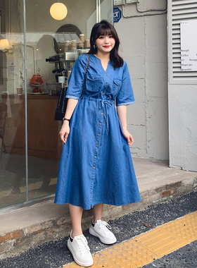 大码女装200斤胖mm春夏牛仔连衣裙宽松显瘦百搭中长款裙子91050