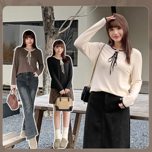 打底衫 秋冬200斤胖mm绑带撞色圆领长袖 T恤上衣32168 女装 微胖大码