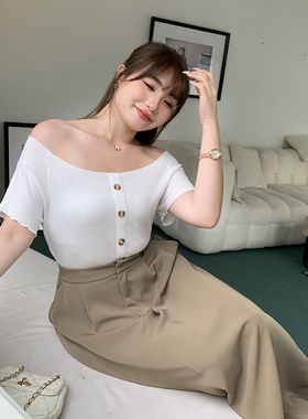 大码女装春夏200斤胖mm遮肉显瘦一字领针织T恤衫短袖T恤上衣90109