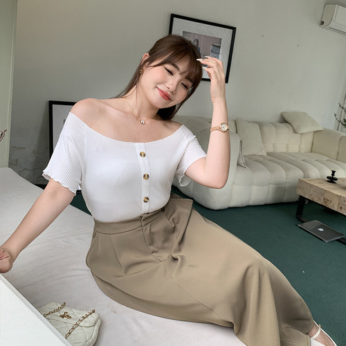 大码女装春夏一字领针织T恤衫