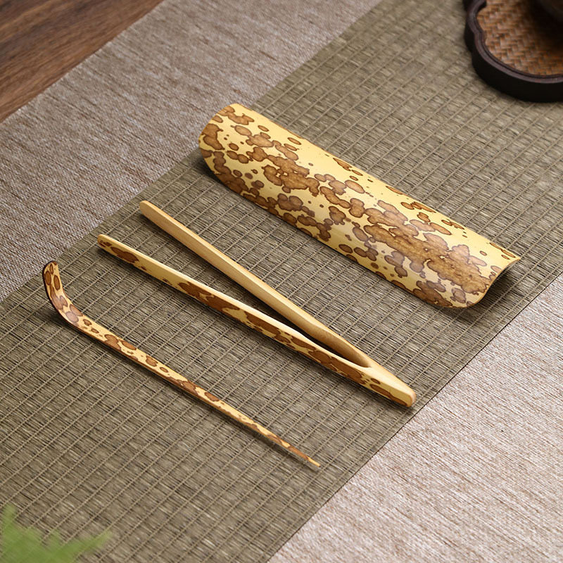 梅妃竹茶则三件套梅鹿竹茶针茶夹茶拨斑竹斑点竹子文玩茶道六君子