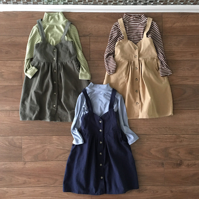 文艺风女童春秋季新款潮韩版纯色淑女水洗棉长款吊带裙抹胸连衣裙