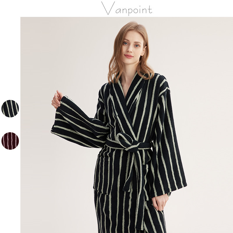 2026新款情侣条纹浴袍复古简约保暖长绒纯棉吸水情侣男女宽松睡袍