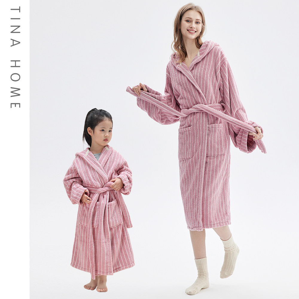 粉色条纹浴袍精梳棉成人睡袍吸水速干纯棉加厚睡袍女可穿式不掉毛