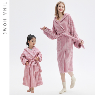 粉色条纹浴袍精梳棉成人睡袍吸水速干纯棉加厚睡袍女可穿式不掉毛