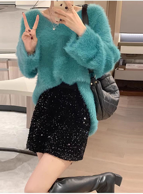 温柔高级感珊瑚绿色水貂绒毛衣女秋冬慵懒风宽松软糯马海毛针织衫