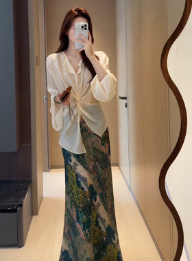 新中式清冷禅意感穿搭一整套女夏季衬衫复古油画半身长裙两件套装