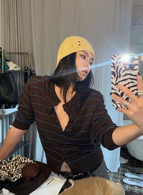 CP 藏蓝色凸条针织羊毛开衫女2025秋季新款日常咖色长袖针织上衣