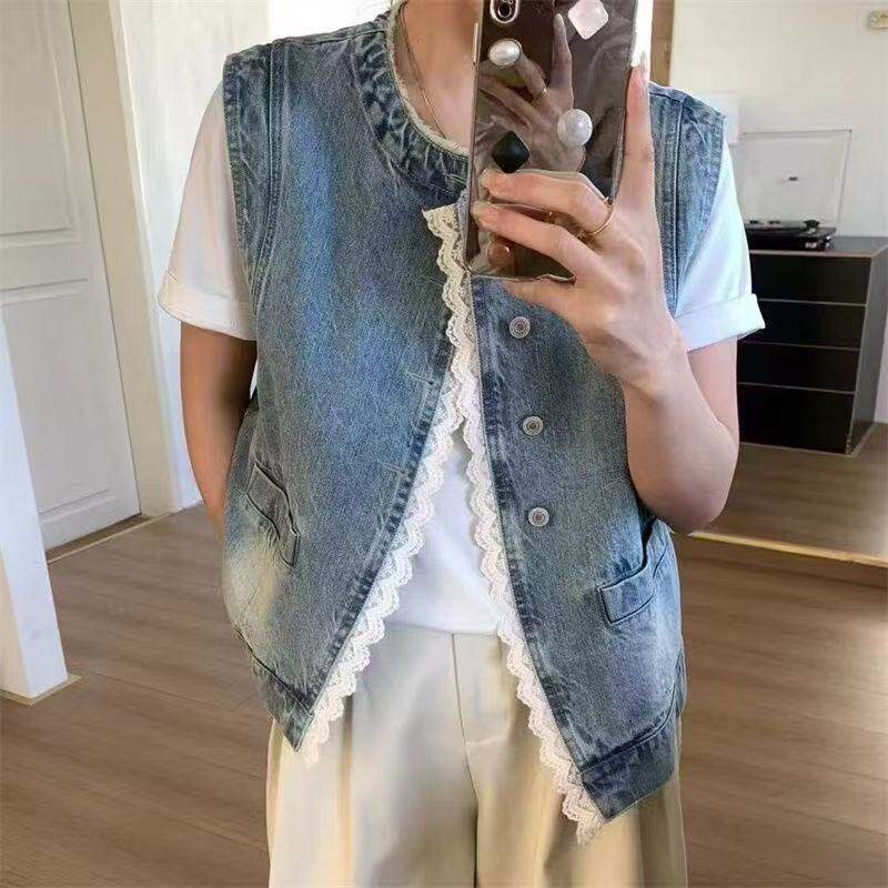 2026春季新款BUFAN蕾丝花边做旧牛仔马甲圆领口袋宽松上衣减龄女