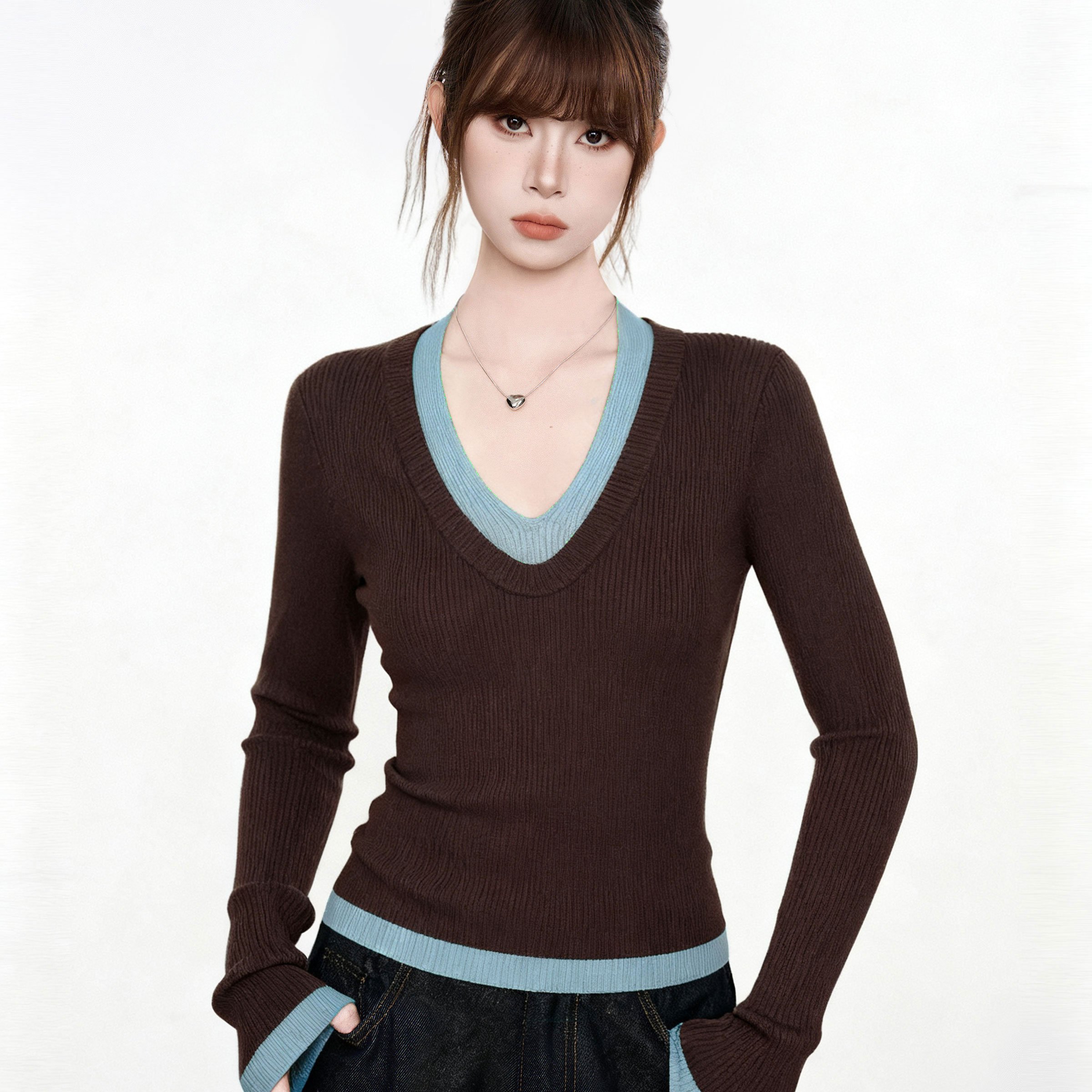 咖色假两件撞色v领长袖毛衣针织衫女秋季修身内搭打底衫早秋上衣