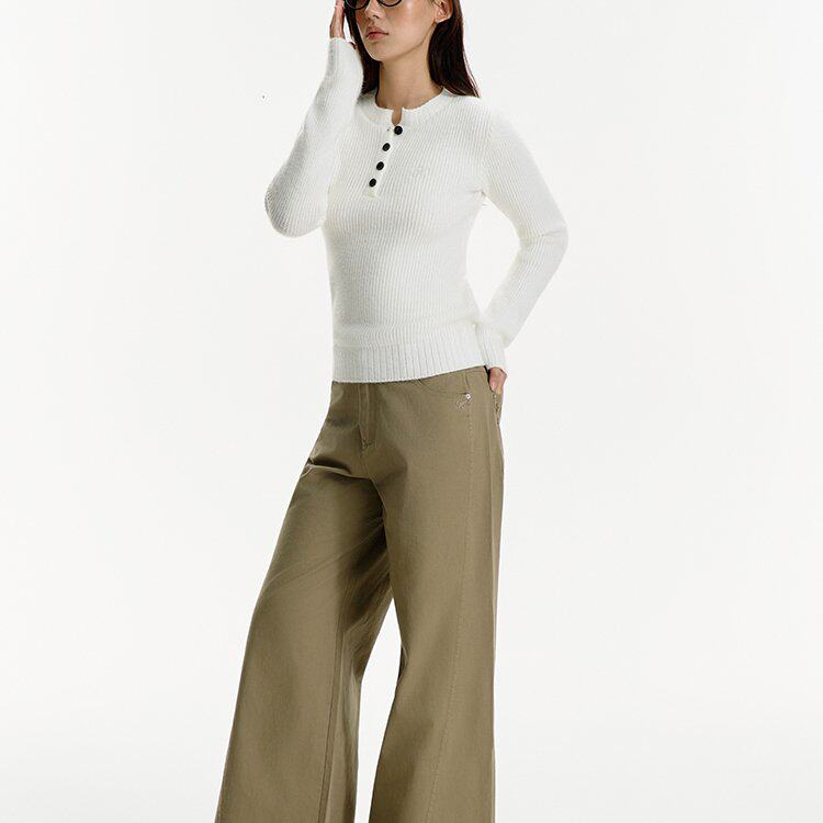 HEYABC 美式辣妹亨利领长袖针织衫女2025百搭休闲显瘦毛衣打底衫