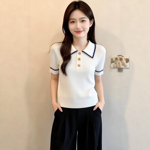 法式白色Polo领针织短袖T恤女2026夏季拼色冰丝显瘦气质绝美上衣
