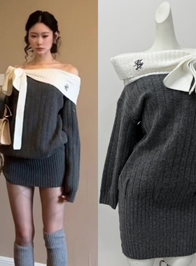 Moster Timnothy原创一字肩蝴蝶结厚款连衣裙氛围感针织长袖毛衣