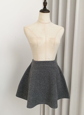 舒适诗意私服高克重羊毛针织短裙a字裙灰色
