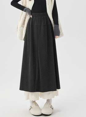 实拍灰色蕾丝拼接假两件屁帘裙裤女2025秋冬高腰遮胯a字裙半身裙