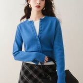 ron&ron设计感修身 针织短开衫 2025早秋穿搭蓝色圆领慵懒高级上衣