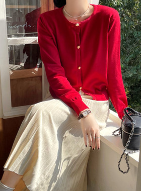 cml 红色针织开衫新年订婚秋季新款显瘦气质上衣复古羊毛短款外套